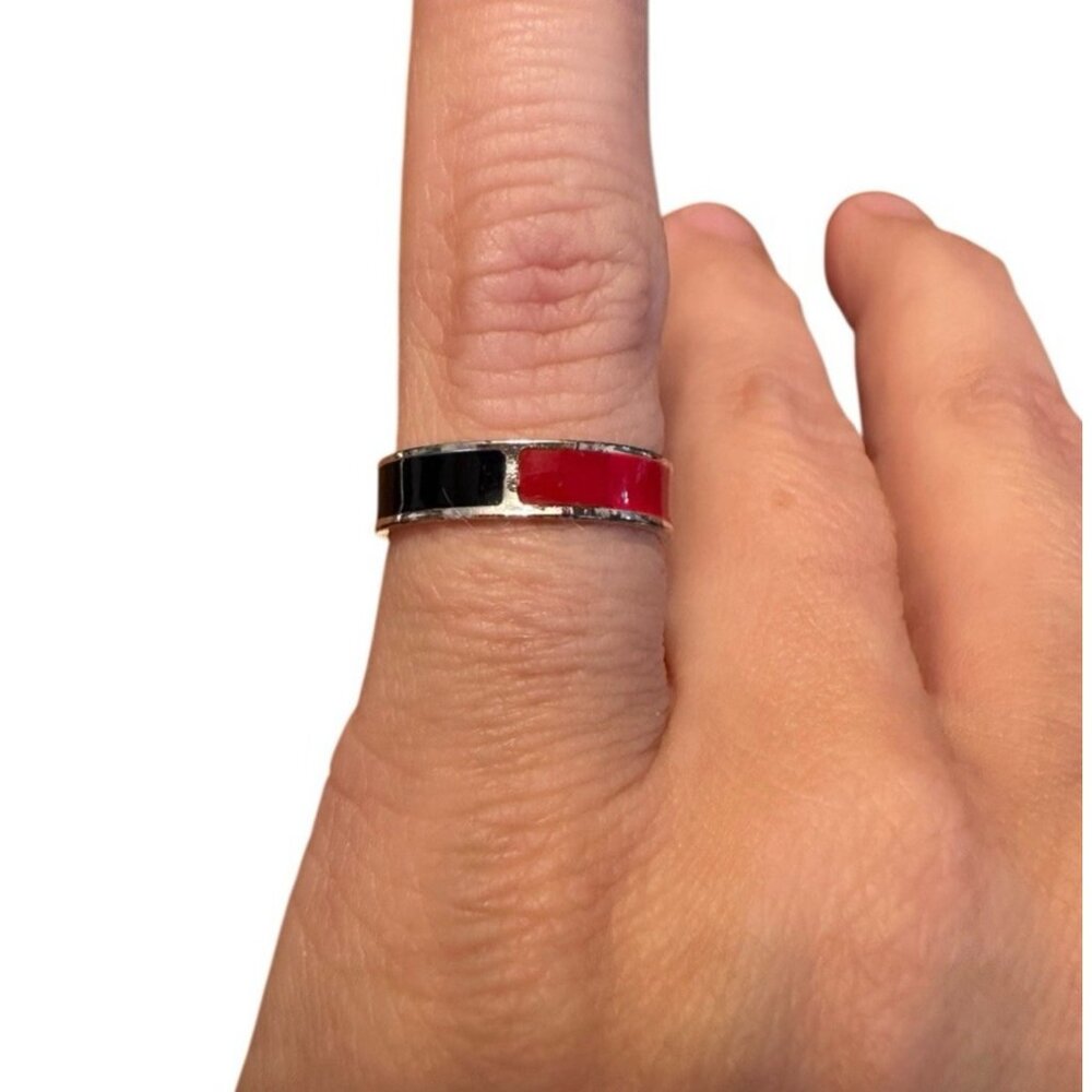 Vintage Black Red Enamel Adjustable Ring Size 2.5 Silver Tone Modernist 90s